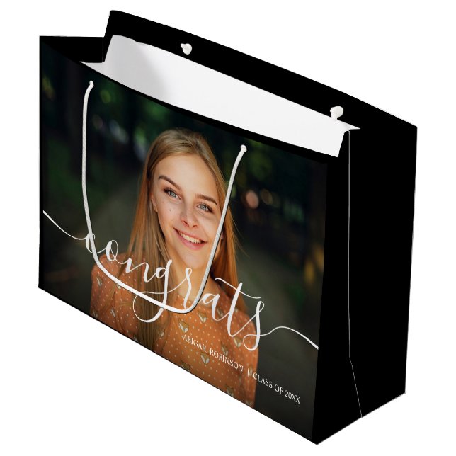 Abschluss-Foto für Skript-Glückwunsch Große Geschenktüte (Vorderseite Schrägansicht)