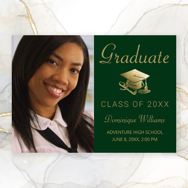 Abschluss Foto Gold Grad Cap Diploma Green Ankündigung (Green Gold Script Cap Photo Graduation Announcement
)