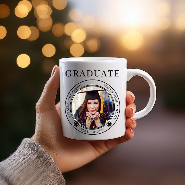 Abschluss Foto Grad Cap Klasse Jahr Graduate Kaffeetasse (Elegant "GRADUATE" Photo Grad Cap Class Year, Name and School Coffee Mug)
