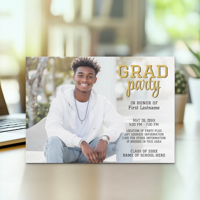 Abschluss Foto - Grand Party Script Gold Einladung (Graduation Party Invitation with Photo)