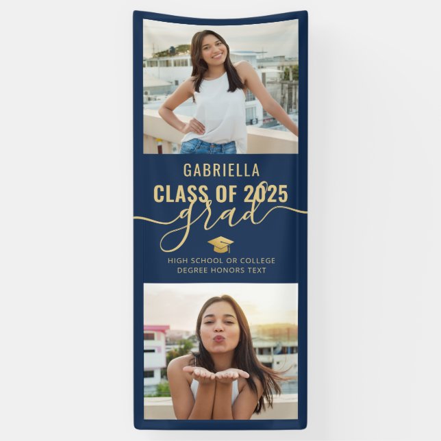 Abschluss Foto Navy Blue Gold Elegantes Banner (Vertikal)