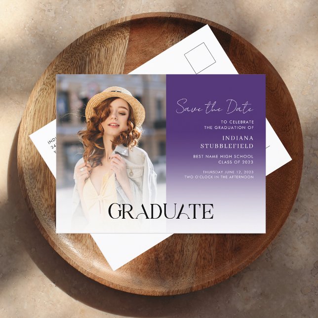 Abschluss Foto Script Grad 2025 Save the Date Ankündigungspostkarte (Graduation Save the Date Grad Photo Script Purple Announcement Postcard)