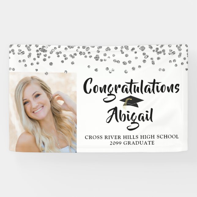 Abschluss Foto Silver Confetti Pinselschrift Banner (Horizontal)