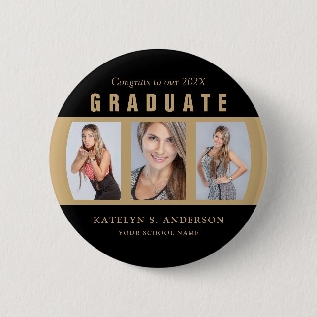 Abschluss FotoCollage Schwarz und Gold - kundenspe Button (Vorderseite)