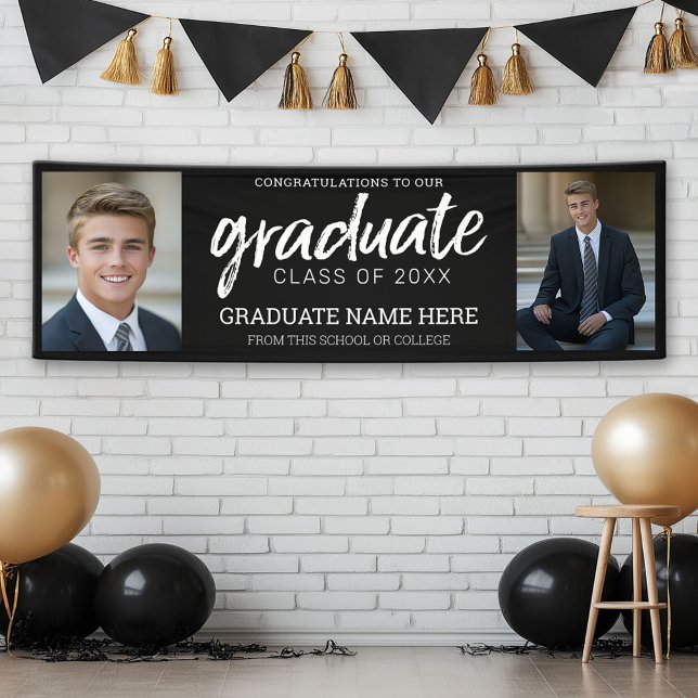 Abschluss-Fotos - Klasse des Jahres Schwarz Banner (Custom Graduation Banner with 2 Photos)
