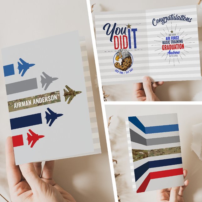 Abschluss für die Grundausbildung der Luftwaffe 32 Karte (Air Force Basic Training BMT Graduation Card 322 TRS Eagles Jet Flight Formation front inside back)
