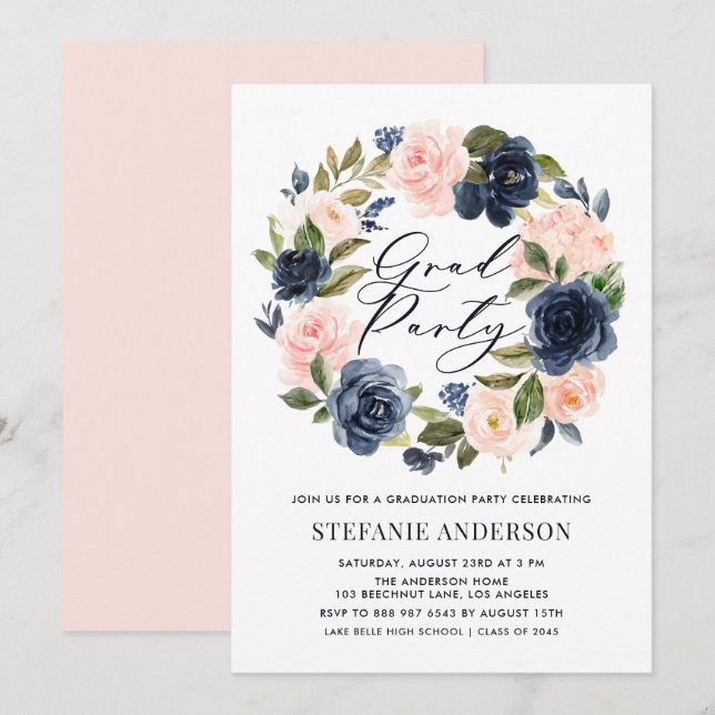 Abschluss für Navy Blue und Blush Bloral Wreath Einladung (Vorne/Hinten)