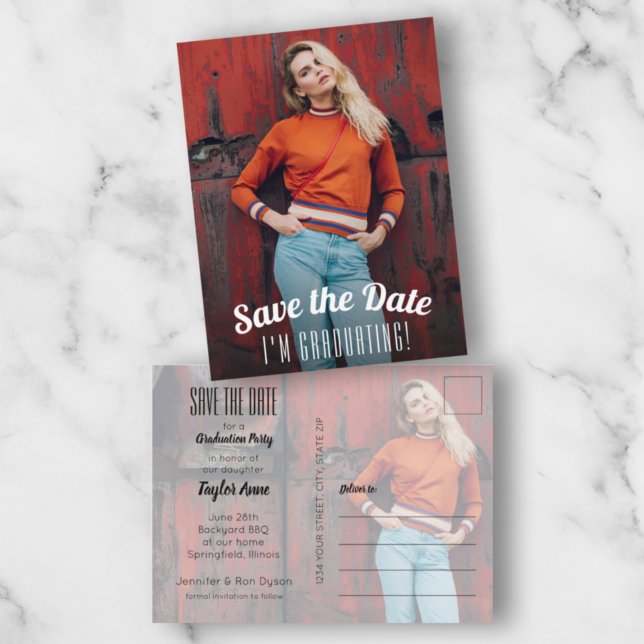 Abschluss für vertikales Foto Save the Date Postkarte (Von Creator hochgeladen)