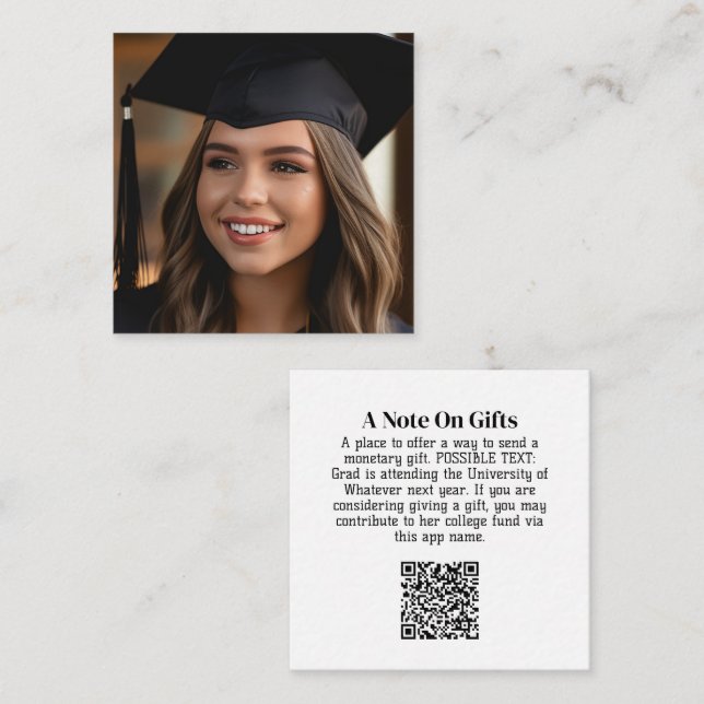 Abschluss-Geschenk QR-Code mit Foto an der Vorders Begleitkarte (Vorne/Hinten)