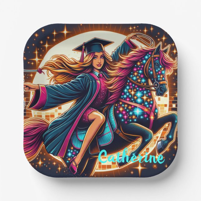 Abschluss Girl on Extravagant Horse Custom Pappteller (Vorderseite)