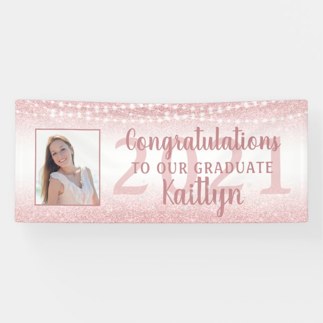 Abschluss Girly Rose Gold Glitzer Lights Foto Banner (Horizontal)