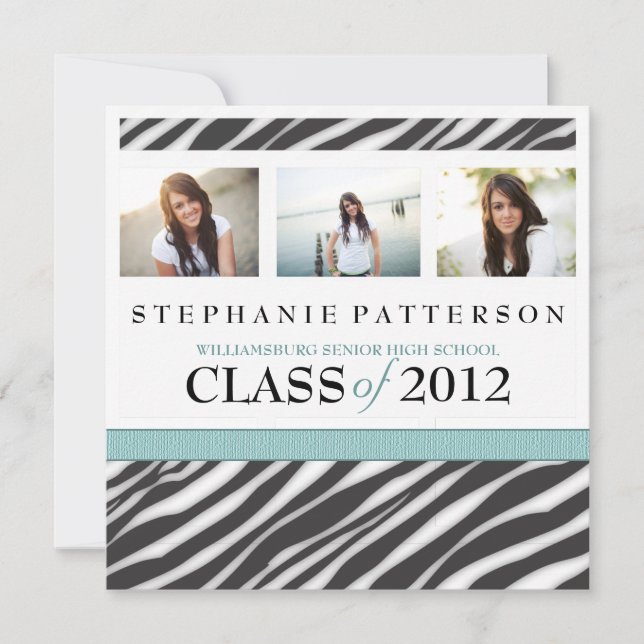 Abschluss Glamour Girl Zebra Print mit Aqua Einladung (Vorderseite)