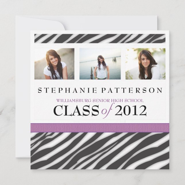 Abschluss Glamour Girl Zebra Print mit Lila Einladung (Vorderseite)