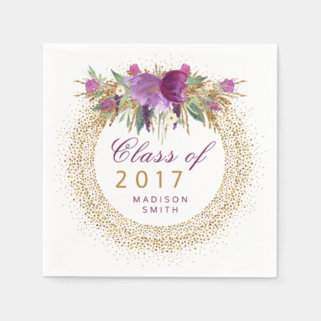 Abschluss Glitzer Wasserfarben Blume Gold Confetti Serviette (Vorderseite)
