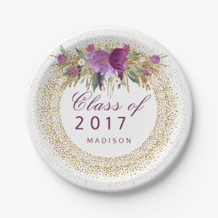 Abschluss-Glitzerwatercolor-Blumen-GoldConfetti Pappteller