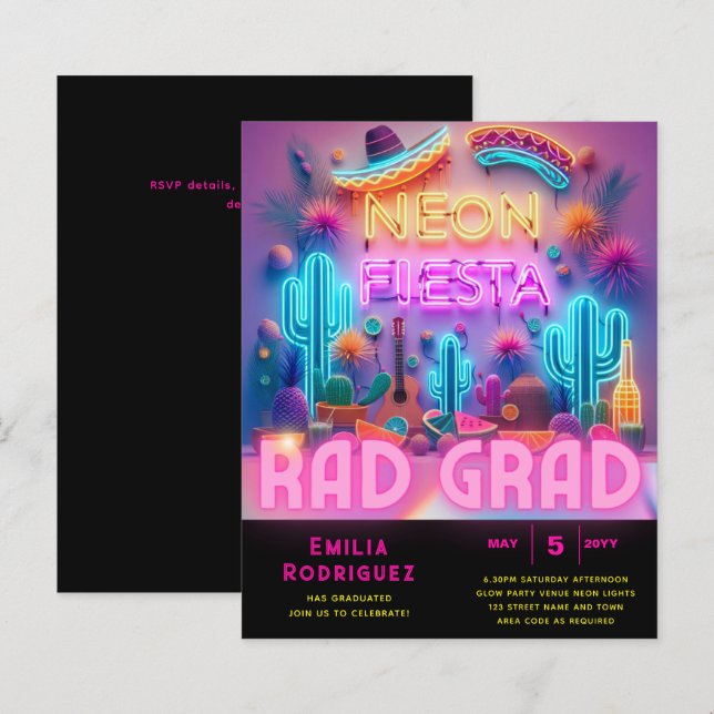 Abschluss Glow Party Invitación Fiesta de Neón (Vorne/Hinten)