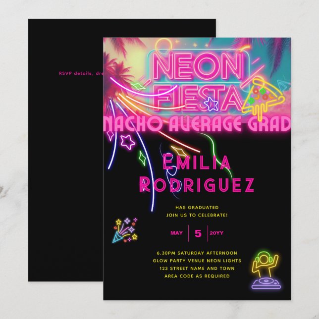 Abschluss Glow Party Invitación Fiesta de Neón Einladung (Vorne/Hinten)