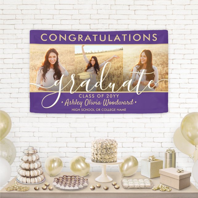 Abschluss Glückwunsch 3 Foto Collage Lila & Gold Banner (Von Creator hochgeladen)