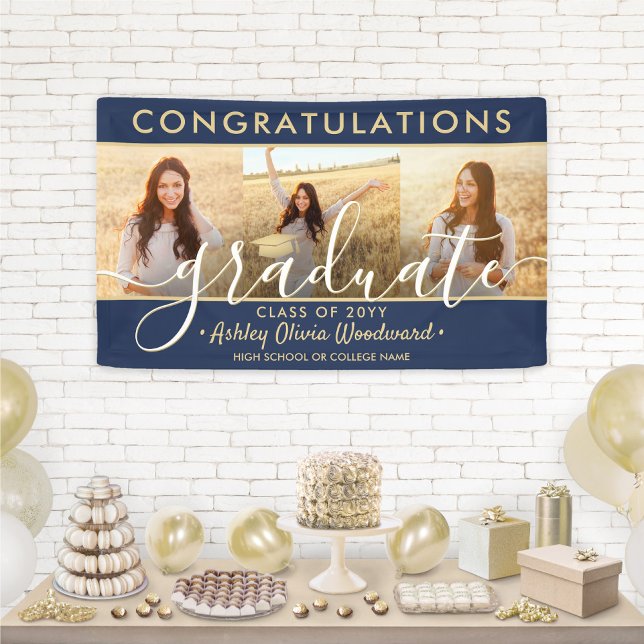 Abschluss Glückwunsch 3 Foto Collage Navy und Gold Banner (Von Creator hochgeladen)