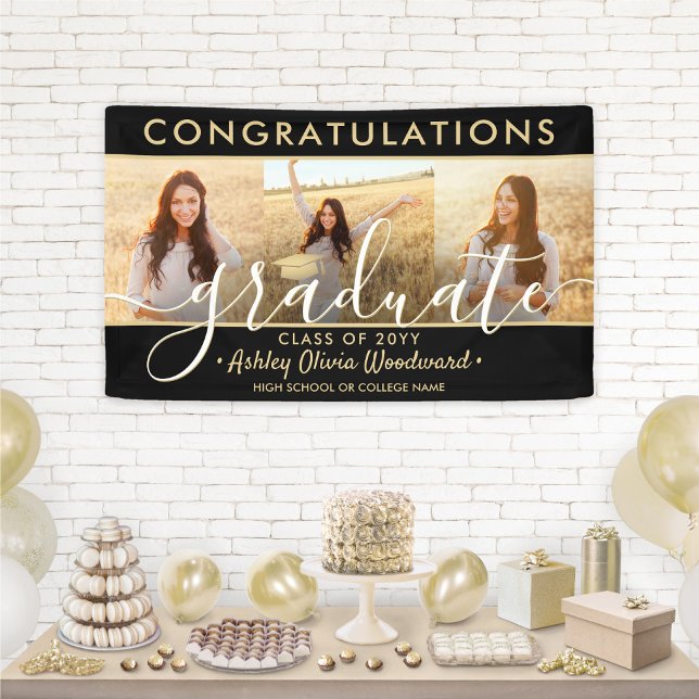 Abschluss Glückwunsch 3 Foto Collage Schwarz und G Banner (Von Creator hochgeladen)