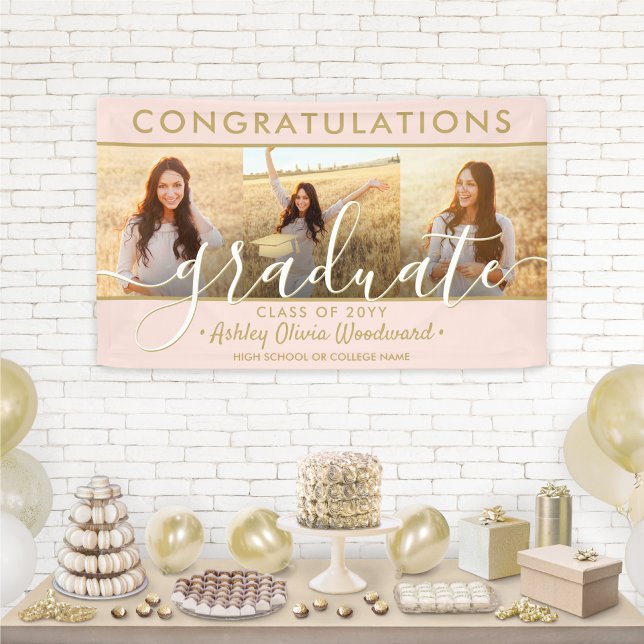 Abschluss Glückwunsch 3 Fotocollage Blush und Gold Banner (Von Creator hochgeladen)