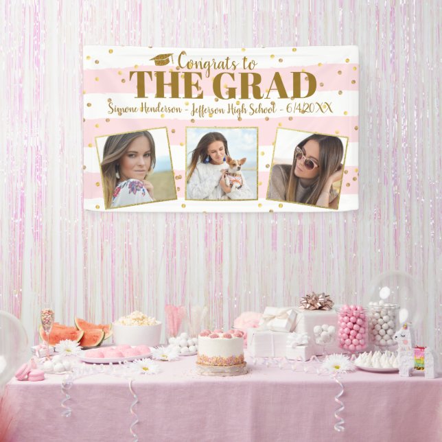 Abschluss Glückwunsch 3 Fotos Gold Glitzer Streife Banner (Party)