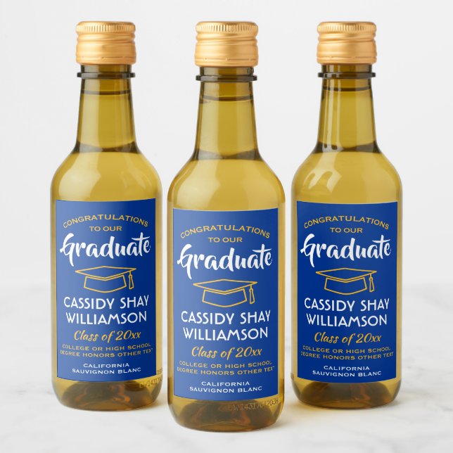 Abschluss Glückwunschs Royal Blue Gold Yellow Mini Weinetikett (Flaschen)
