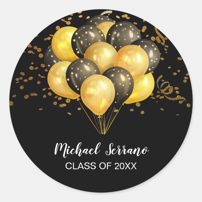 Abschluss Gold & Black Balloons auf Schwarz Runder Aufkleber (Vorderseite)