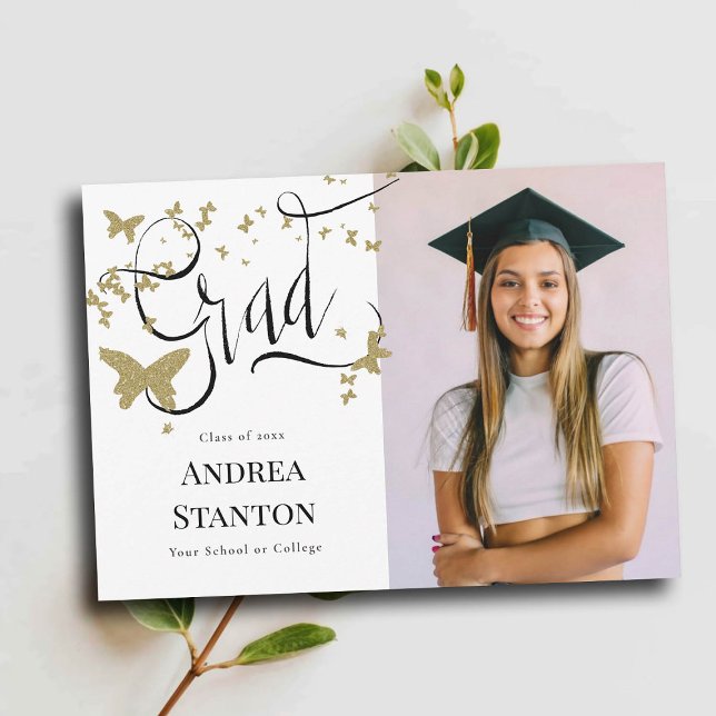 Abschluss Gold Butterflies Grad Kalligrafie Ankündigung (graduation announcement grad handwritten calligraphy gold butterflies photo high school college)