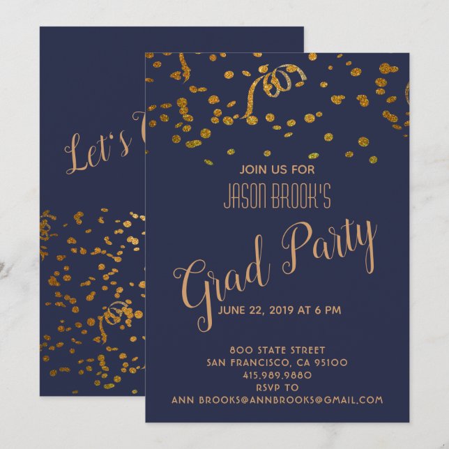 Abschluss Gold Confetti Blowout Party Einladung (Vorne/Hinten)