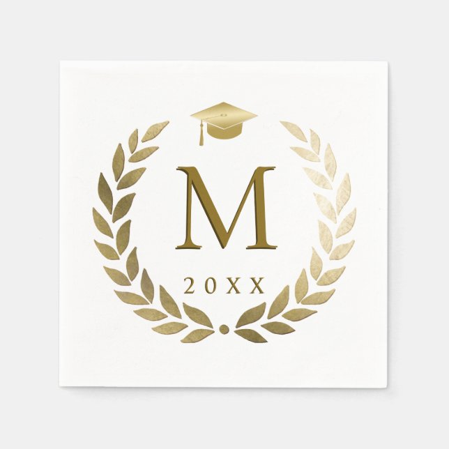 Abschluss Gold Laurel Wreath Mit Monogramm Initial Serviette (Vorderseite)