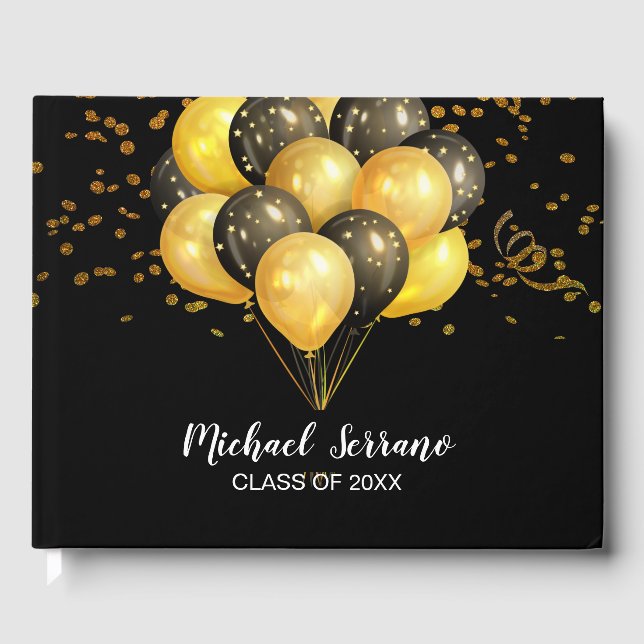 Abschluss Gold und schwarze Balloons und Confetti Gästebuch (Vorderseite)