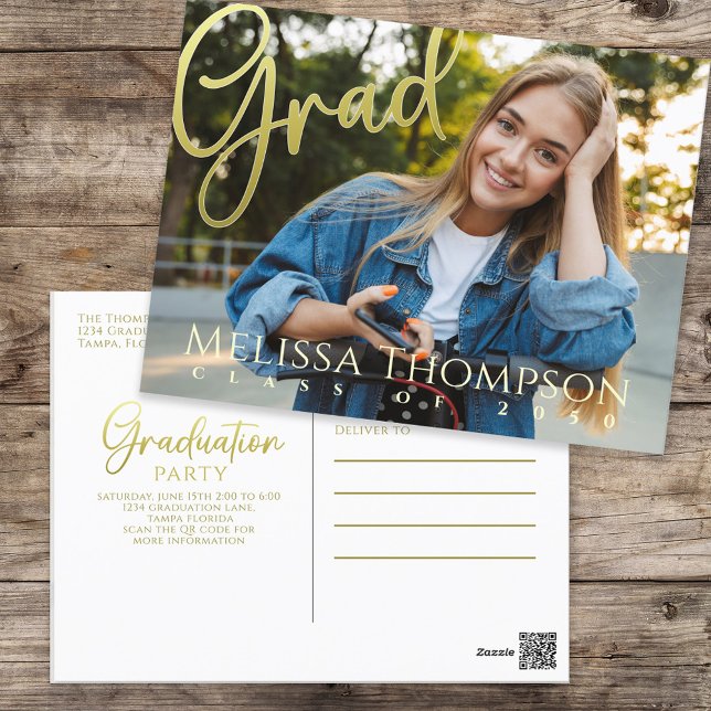 Abschluss Grad Gold Calligraphy Simple Two Foto Postkarte (Graduation gold calligraphy script with full bleed photo template postcard. )