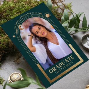 Abschluss Green Gold Sun Moon Stars Grad Foto Einladung