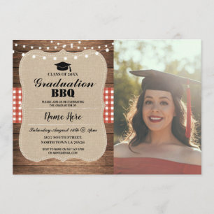 Abschluss GRILLEN Foto Burlap Red Rustic Wood Einladung