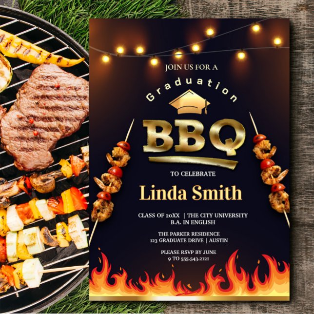 Abschluss GRILLEN Party Einladung | Flamme und Ske (Graduation BBQ Party Invitation | Flame & Skewer #zazzlemade #flamedesign #graduate2025 #partyfood)
