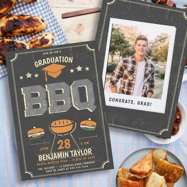 Abschluss GRILLEN Party Rustikales Cowboy Foto Einladung (male high school graduation party ideas bbq party invitations grad photo template rustic country)