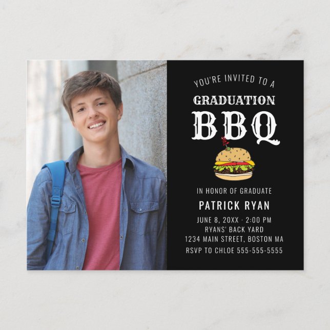 Abschluss GRILLEN Party Schwarz-weiß Einladung Postkarte (Vorderseite)