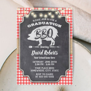 Abschluss GRILLEN Rustic Chalkboard Red Gingham Einladung