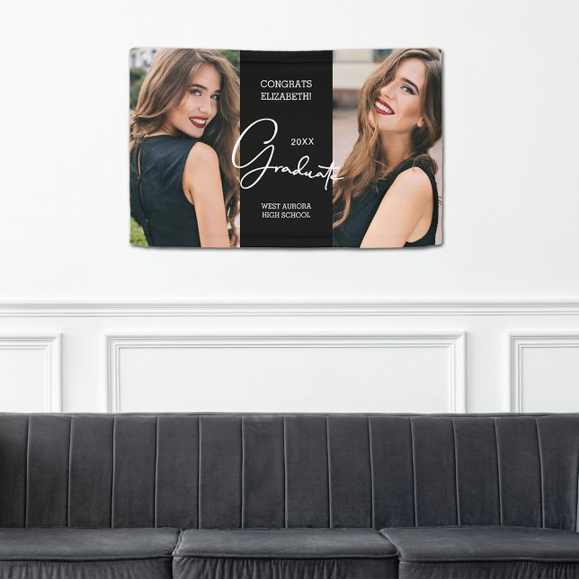 Abschluss Herzlichen Glückwunsch Black Modern Foto Banner (2.5' x 4' Graduation Congratulations Black Modern Photo Banner)