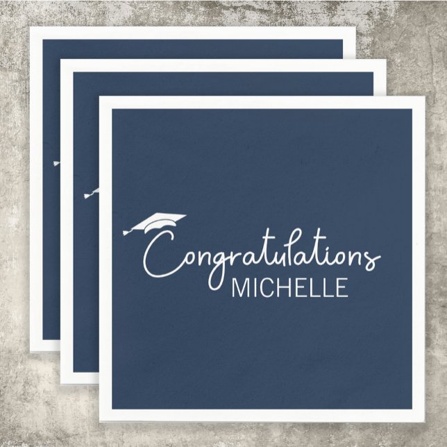 Abschluss Herzlichen Glückwunsch Navy Blue White S Serviette (Navy blue and white graduation party paper napkin)