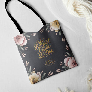Abschluss Inspiration Schwarz-Gold-Blumenzitat Tasche