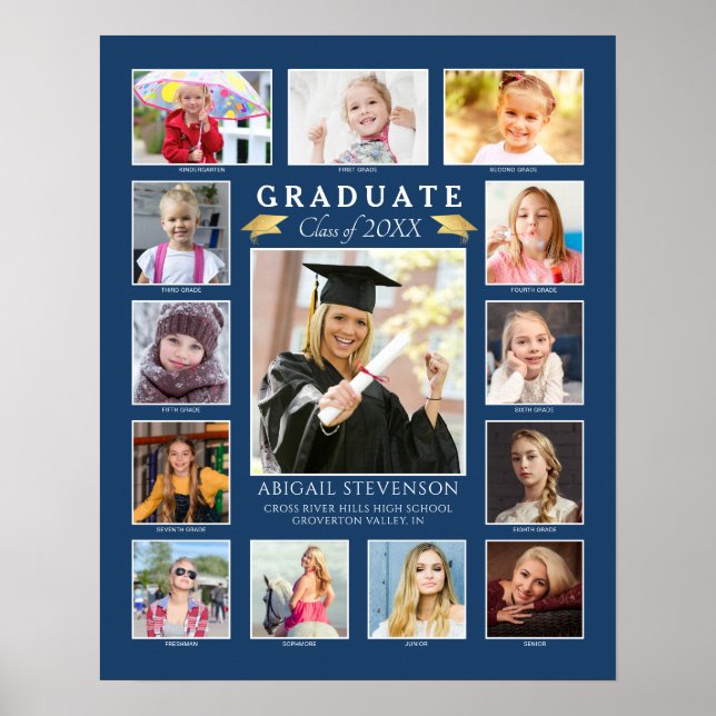 Abschluss K-12 Fotocollage Blue Keepake Poster (Vorne)