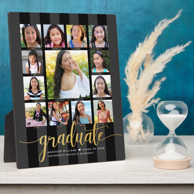 Abschluss K-12 Fotocollage Gold Schwarzes Script Fotoplatte (Seite)