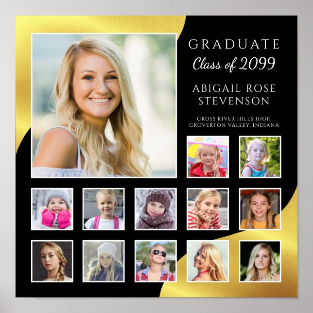 Abschluss K-12 FotoCollage Schwarze Imitate Gold F Poster (Vorne)