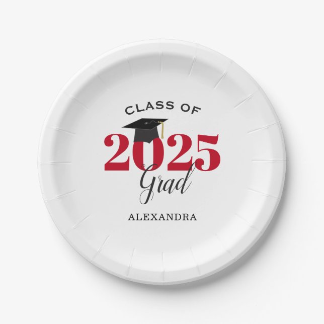 Abschluss-Klasse 2025 Einfach Rot und Schwarz Pappteller (Vorderseite)