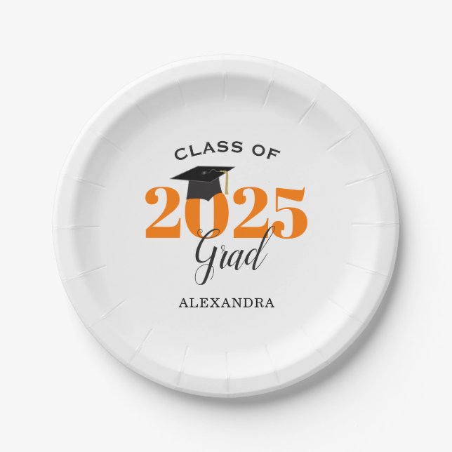Abschluss-Klasse 2025 Einfache Orange und Schwarz Pappteller (Vorderseite)