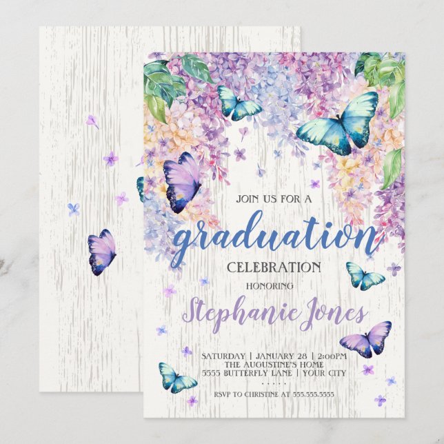 Abschluss Lilacs und Schmetterling Einladung (Vorne/Hinten)