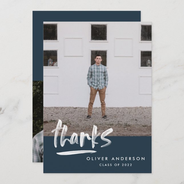 Abschluss Marine Blue Script 3 Foto vielen Dank Einladung (Vorne/Hinten)