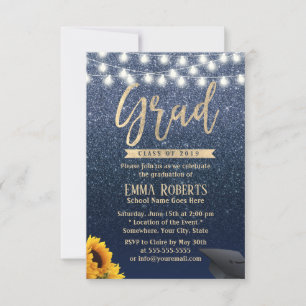 Abschluss Modern Navy Blue Glitzer Sonnenblume Einladung